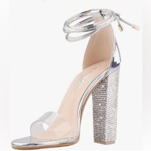 Lala Ikai Silver Rhinestone High Ankle Heel Strappy Clear Chunky Sandals